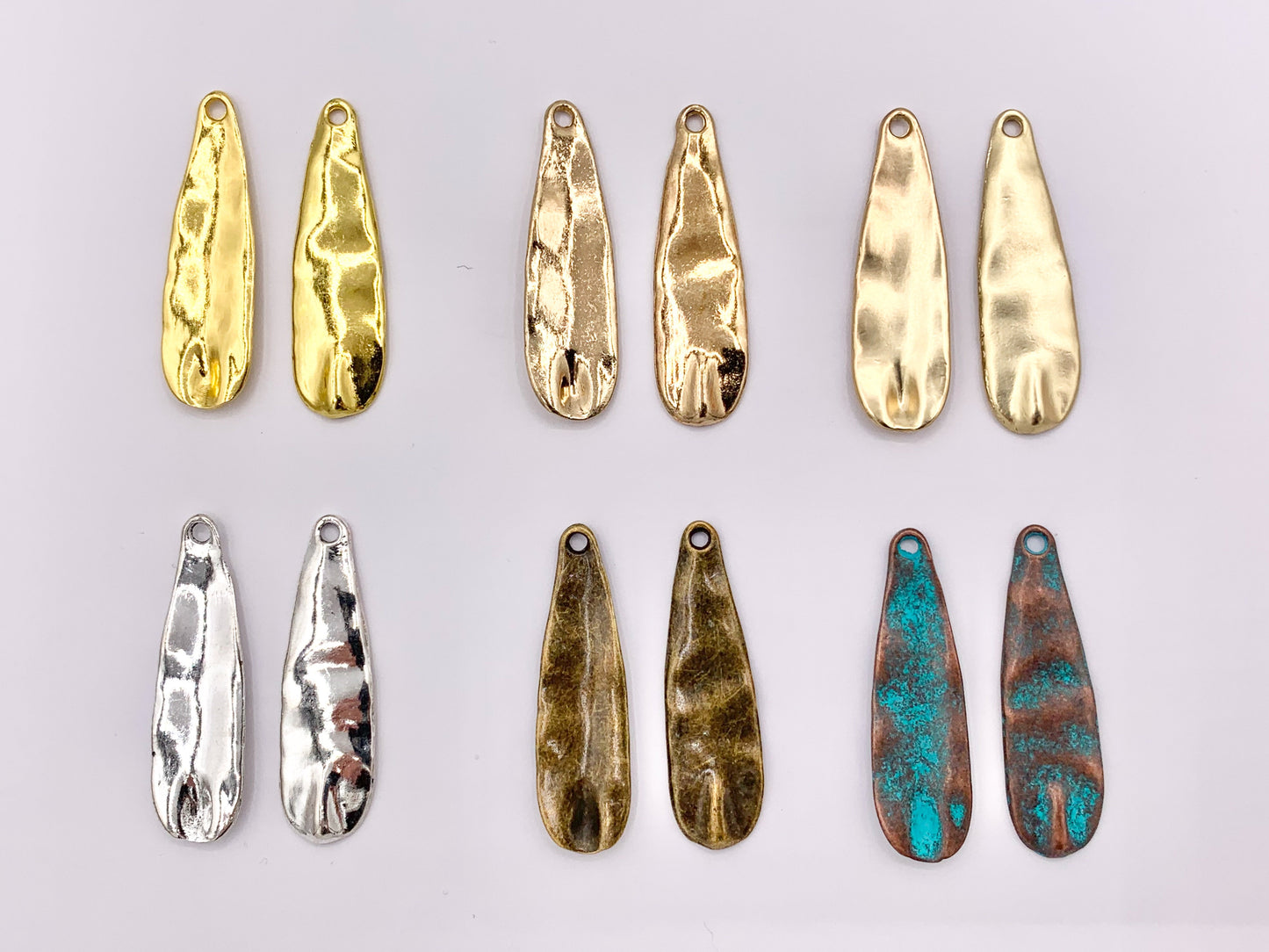 10x36mm Pewter Hammered Thin Teardrop Pendants Bulk Order in Matte Gold, Gold, Silver, Brass and Patina