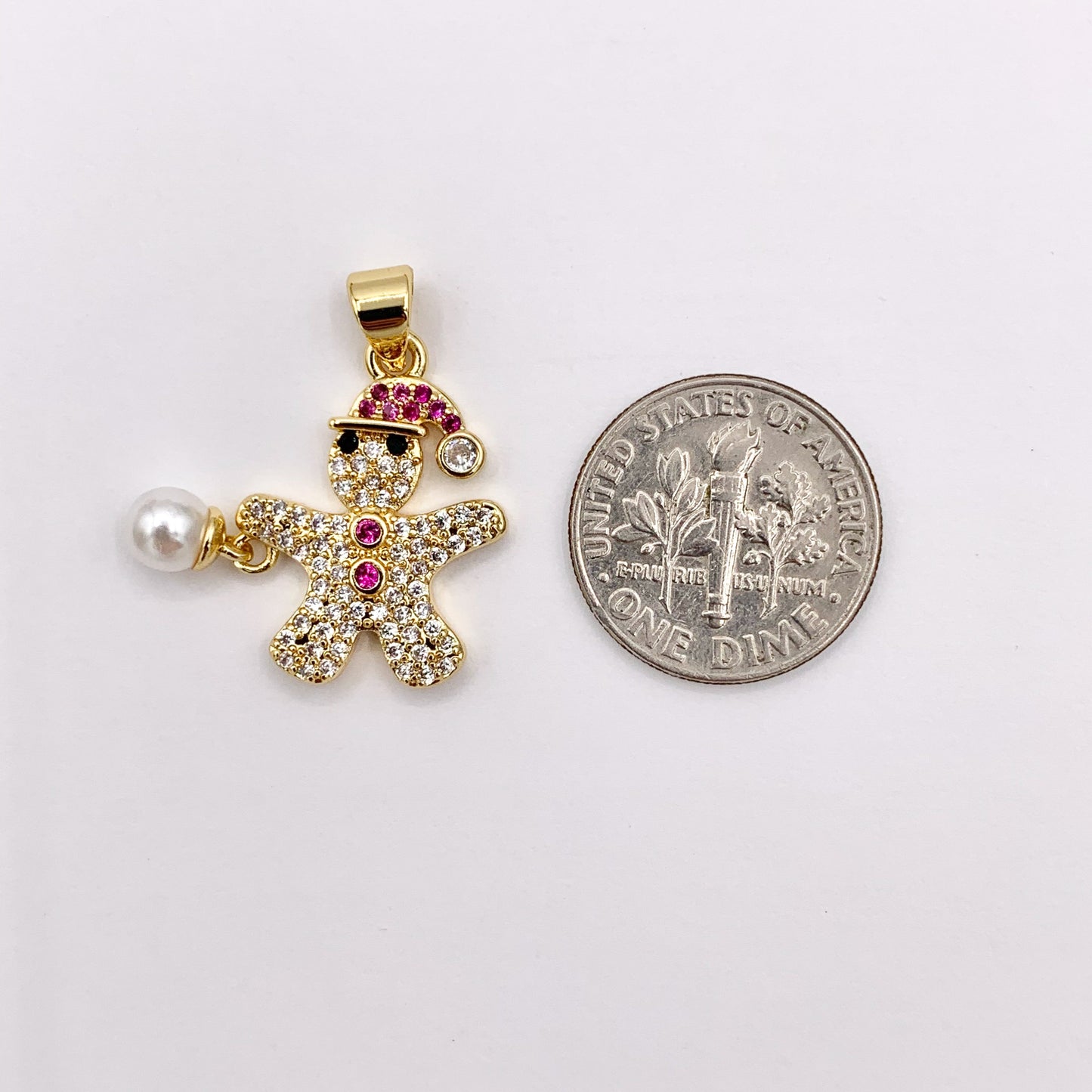 Gingerbread Man Charm with Pearl Holiday Pendant in Real Gold 18K Plated Micro CZ Pave Over Copper  5 PCS