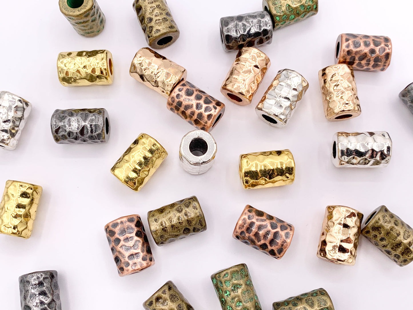 10x15mm Pewter Hammered Tube Large Hole Barrel Spacer Beads Gold, Rosy Gold, Silver, Bronze, Copper, Gunmetal and Patina