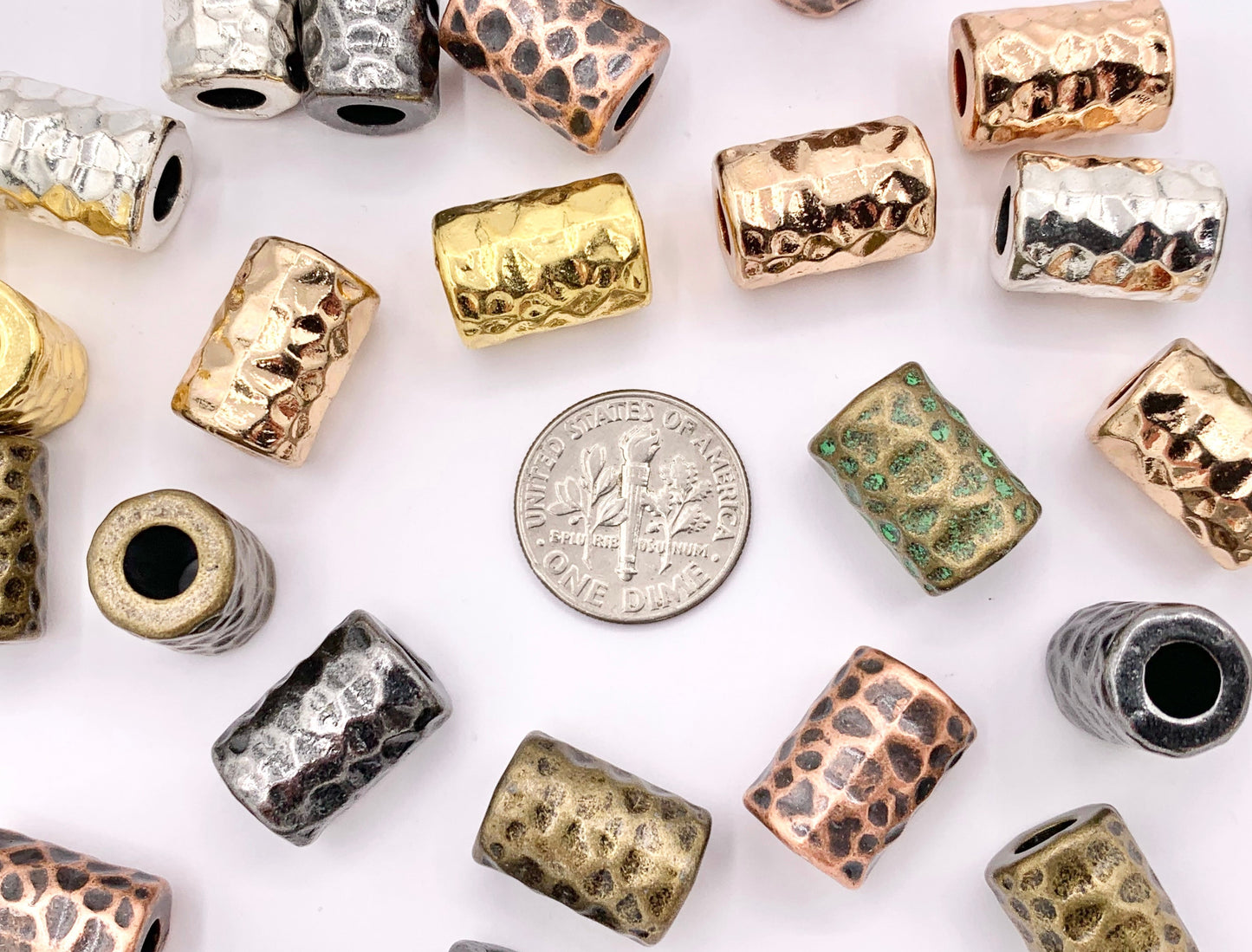 10x15mm Pewter Hammered Tube Large Hole Barrel Spacer Beads Gold, Rosy Gold, Silver, Bronze, Copper, Gunmetal and Patina