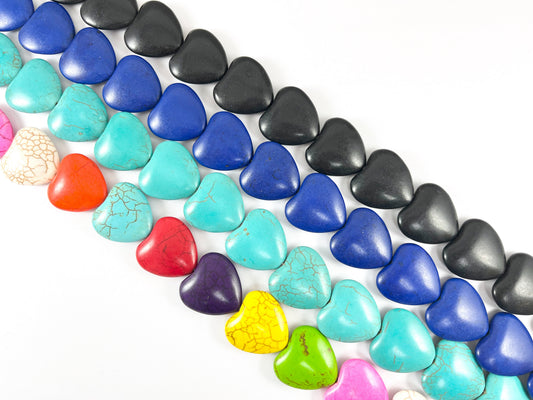 25mm Valentine's Day Heart Shape Howlite Beads Available in Black, Dark Blue, Turquoise and Multicolor Around 15"