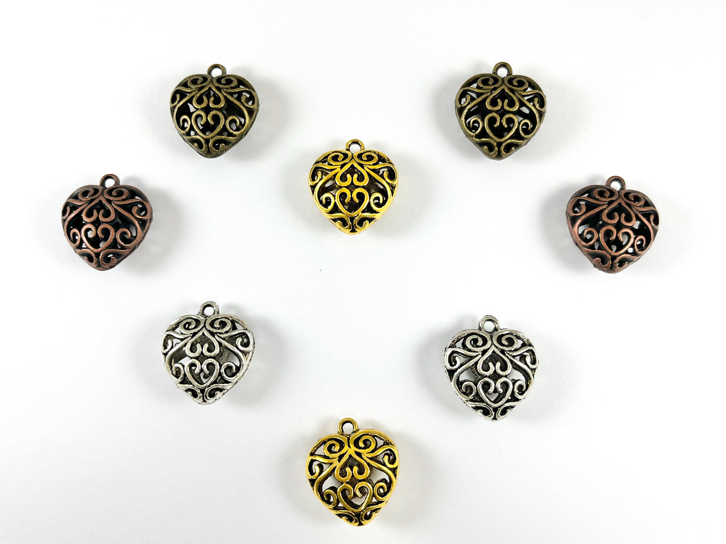 Pewter Heart Pendants Double Sided Hollow Filigree Puffy Valentine's Day Heart Pendants in Gold, Silver, Copper and Bronze Color 8PCS
