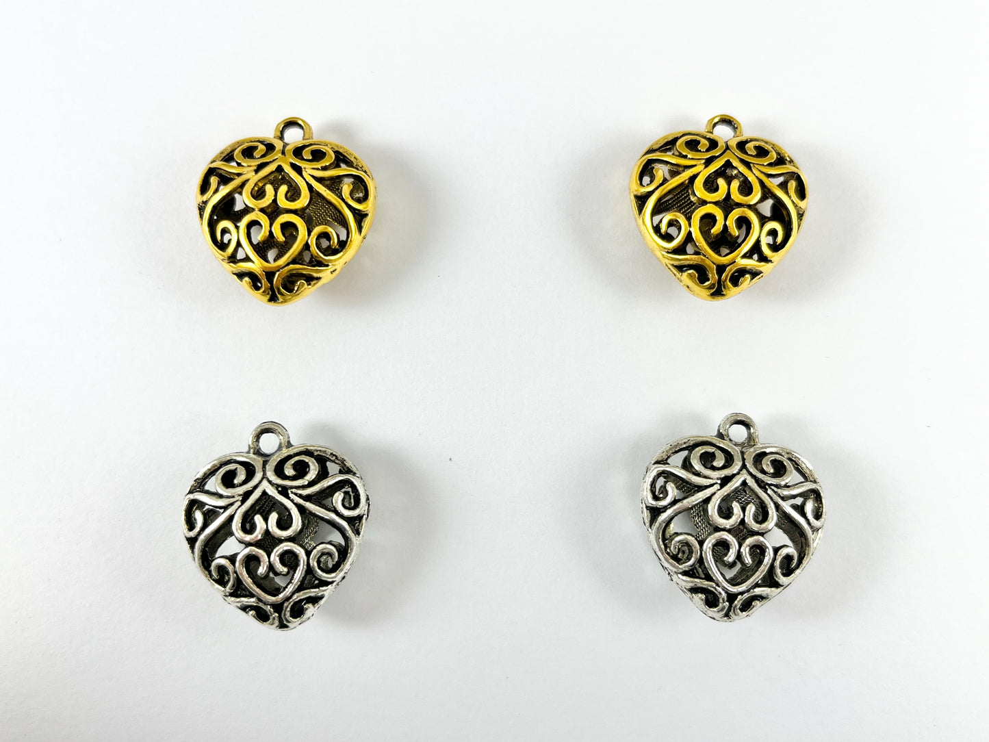 Pewter Heart Pendants Double Sided Hollow Filigree Puffy Valentine's Day Heart Pendants in Gold, Silver, Copper and Bronze Color 8PCS