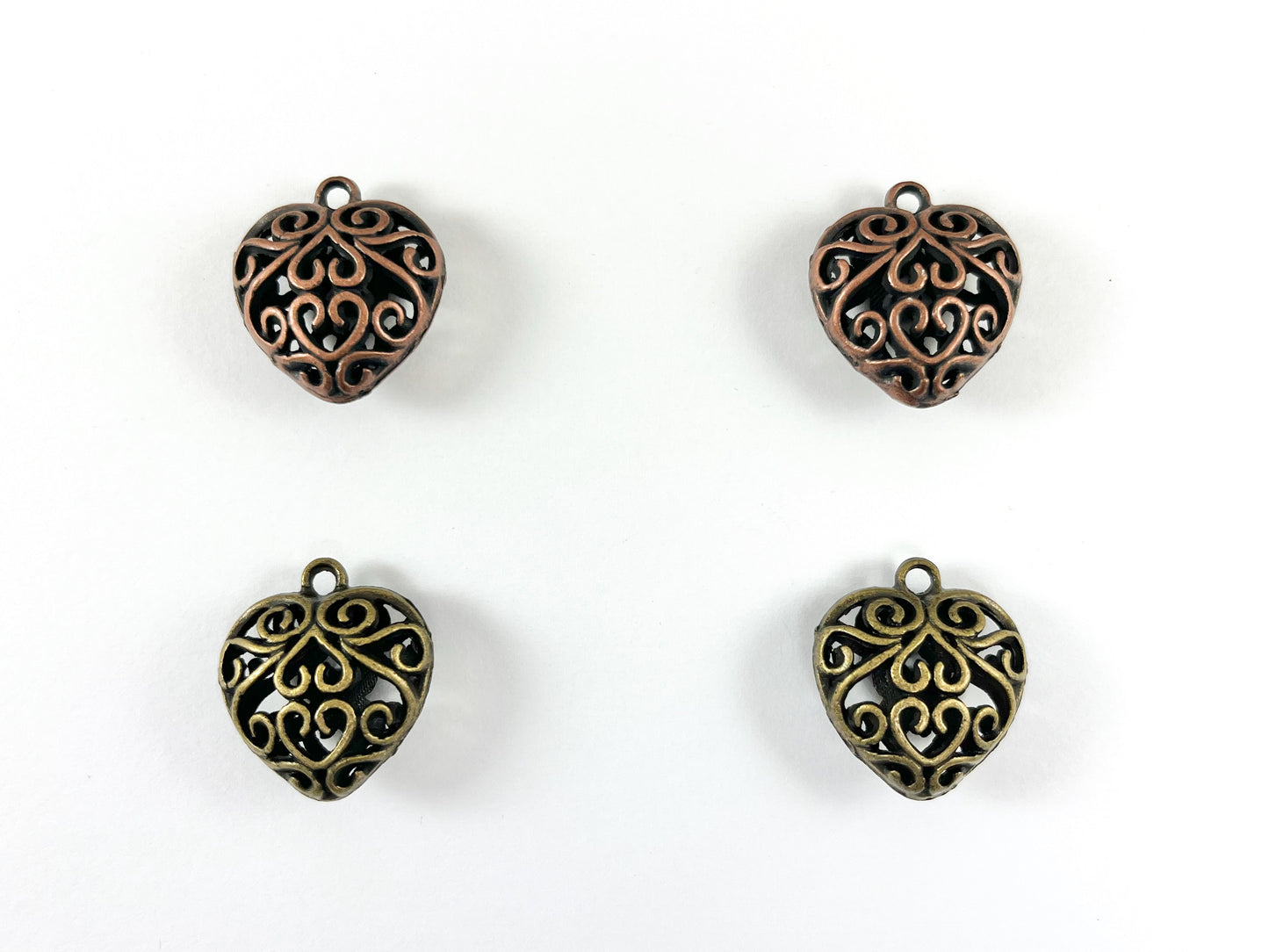Pewter Heart Pendants Double Sided Hollow Filigree Puffy Valentine's Day Heart Pendants in Gold, Silver, Copper and Bronze Color 8PCS