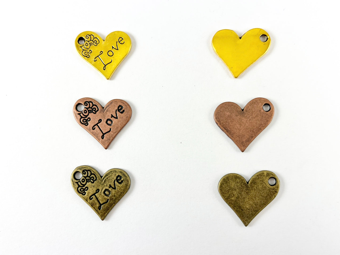 Pewter Heart Pendants Valentine's Day Heart Charms with LOVE Carved in Gold, Copper and Bronze Color