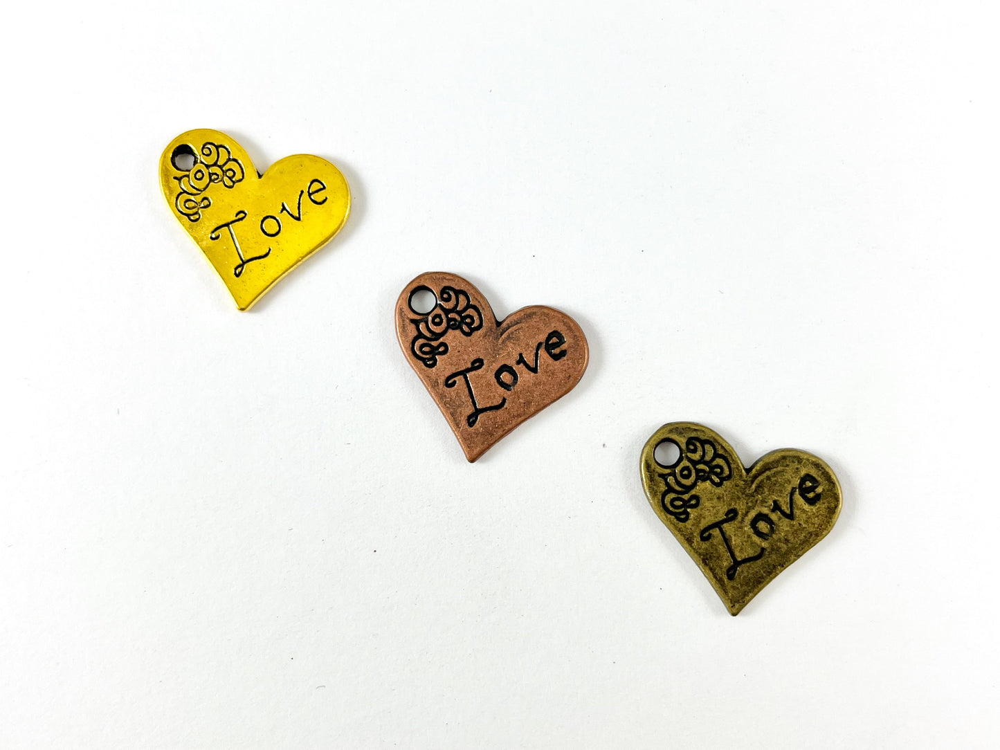 Pewter Heart Pendants Valentine's Day Heart Charms with LOVE Carved in Gold, Copper and Bronze Color