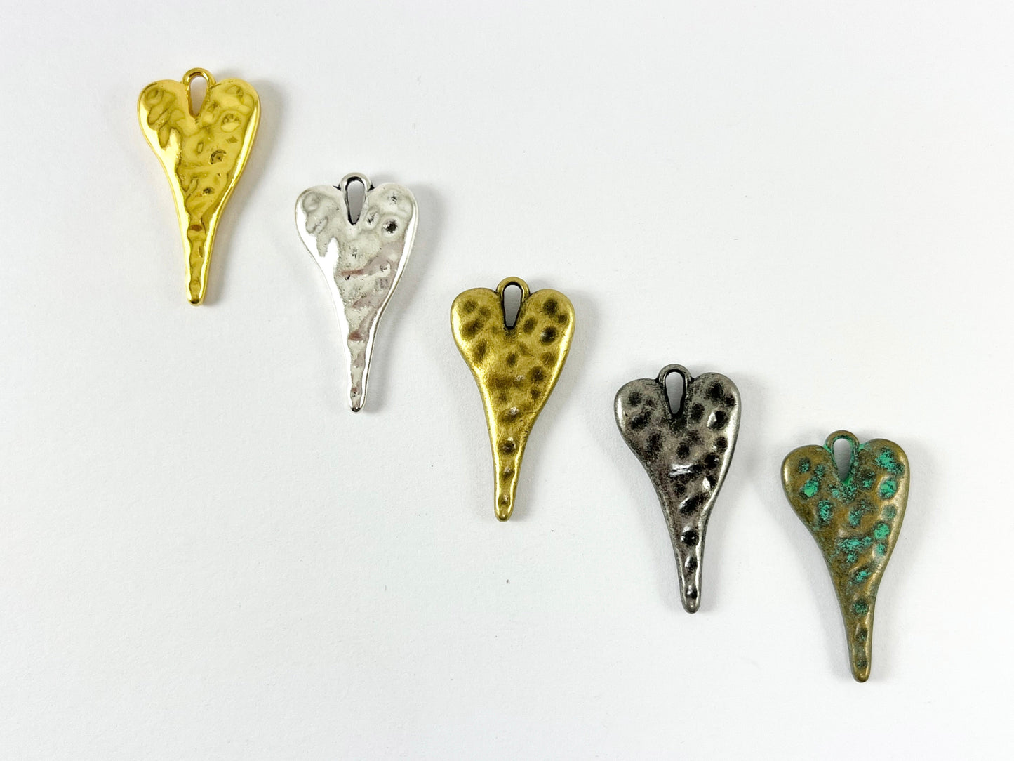 Pewter Heart Charms Hammered Valentine's Day Heart Pendants in Gold, Silver, Bronze, Gunmetal and Patina Color