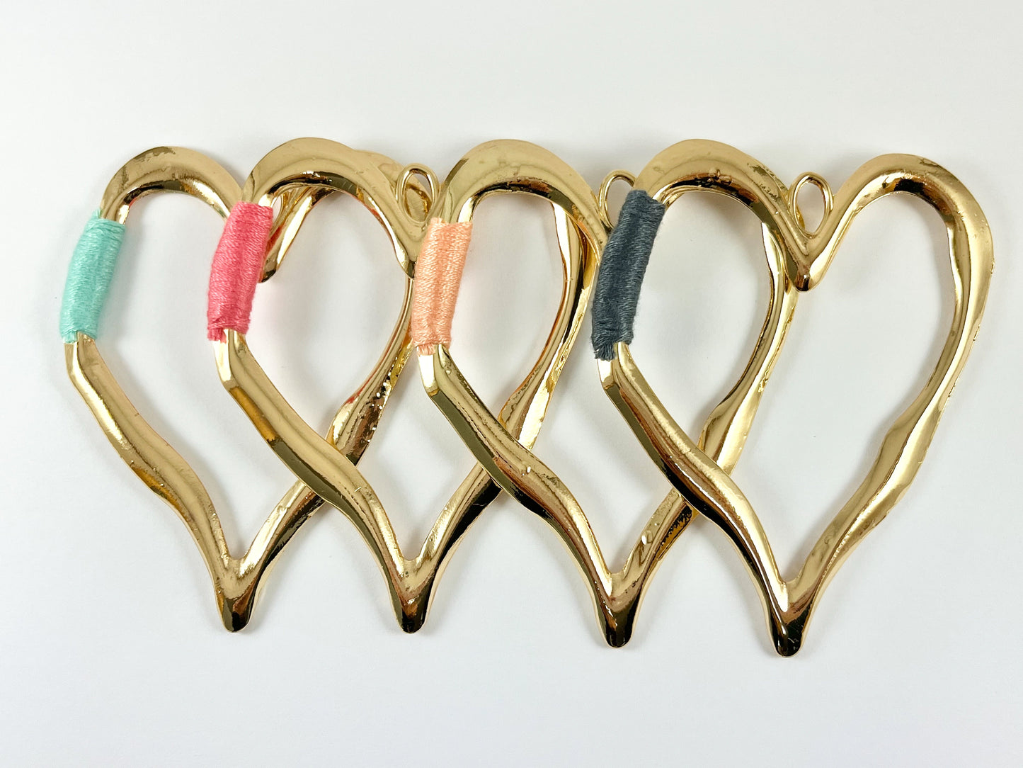 Pewter Heart Pendants Valentine's Day Large Heart Charms with Aqua, Pink, Peach and Dark Blue Color Thread
