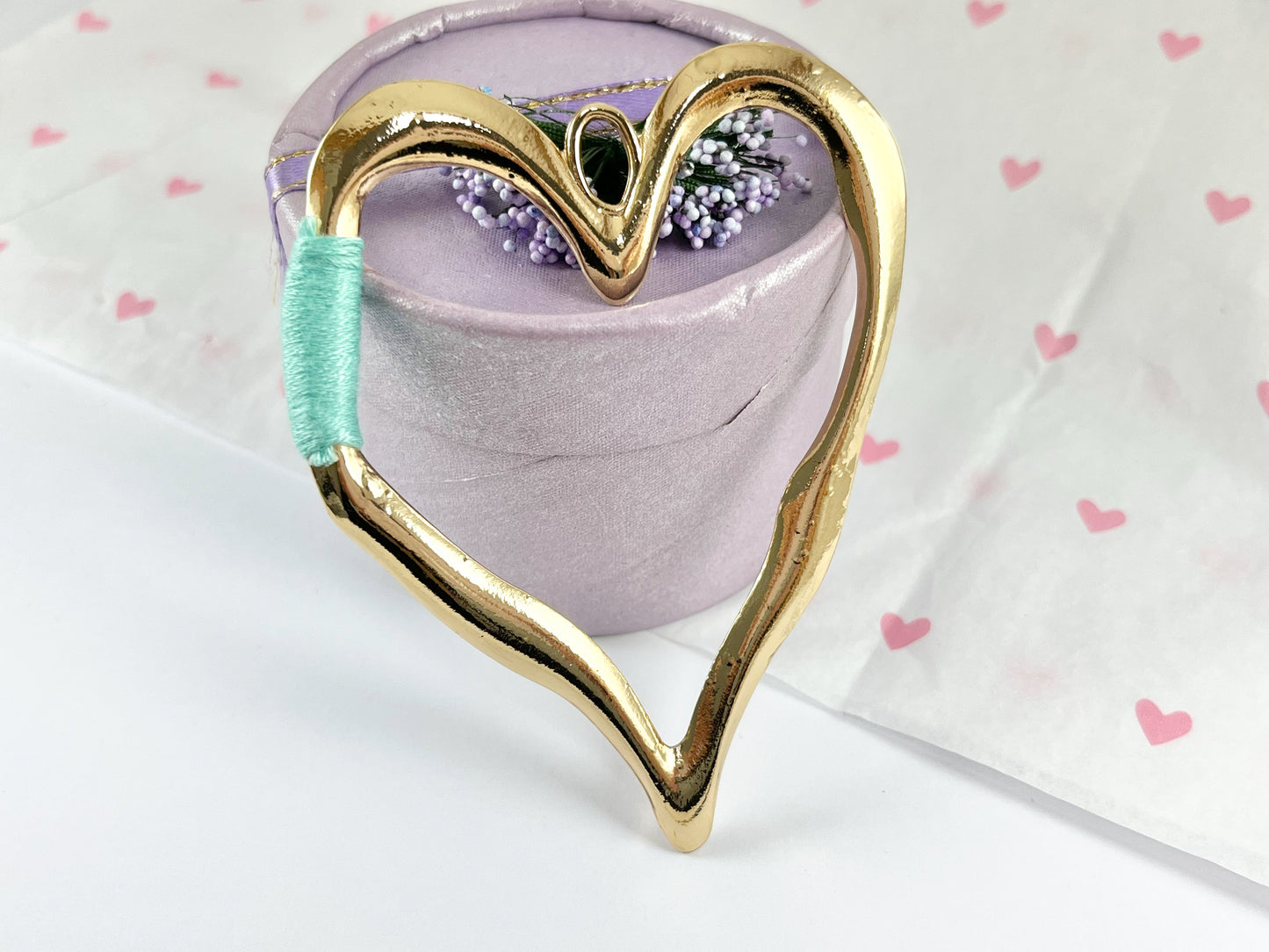 Pewter Heart Pendants Valentine's Day Large Heart Charms with Aqua, Pink, Peach and Dark Blue Color Thread