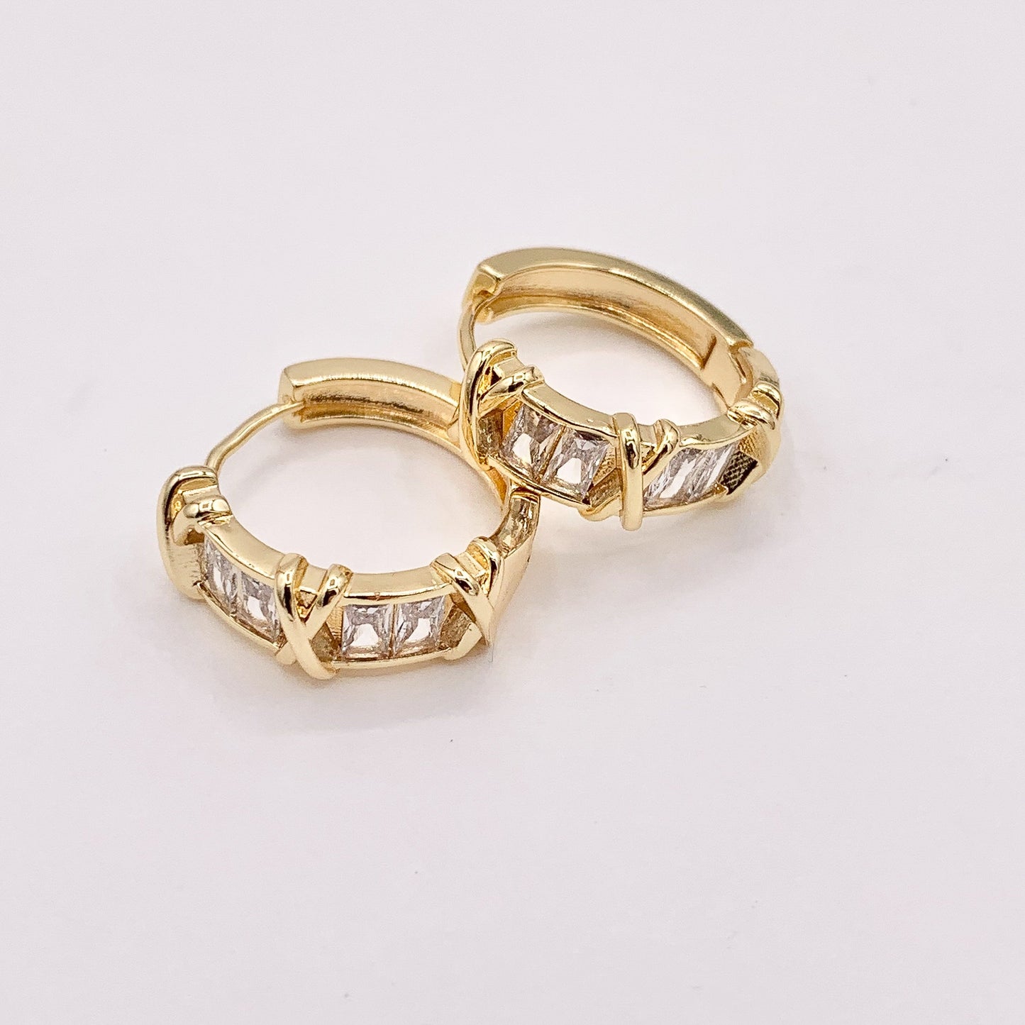 20mm Baguette Earring Hoop Huggies in CZ Pave Real Gold 18K Over Copper 4 PAIRS