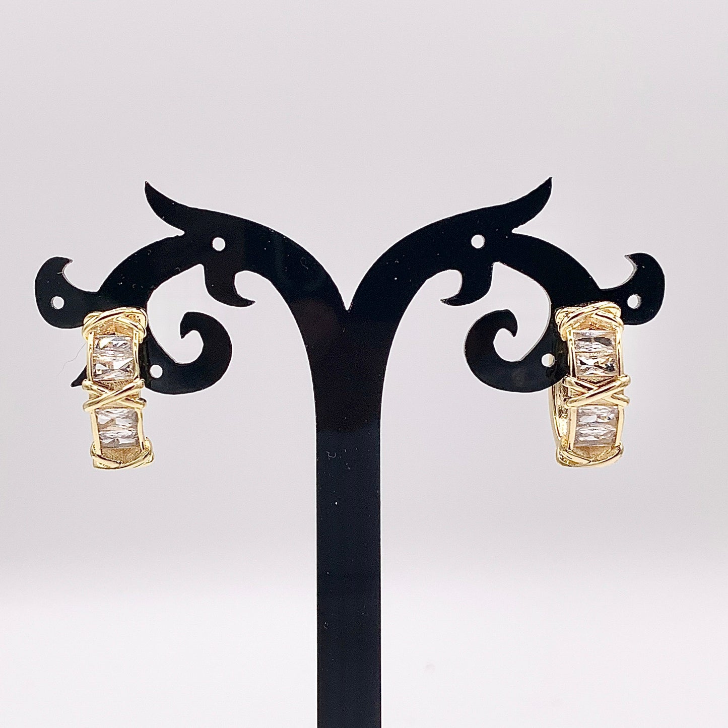 20mm Baguette Earring Hoop Huggies in CZ Pave Real Gold 18K Over Copper 4 PAIRS