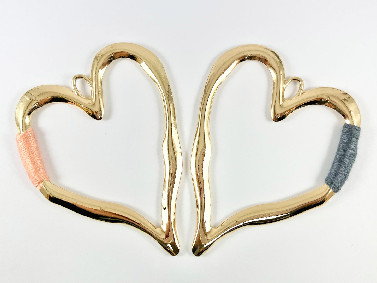 Pewter Heart Pendants Valentine's Day Large Heart Charms with Aqua, Pink, Peach and Dark Blue Color Thread