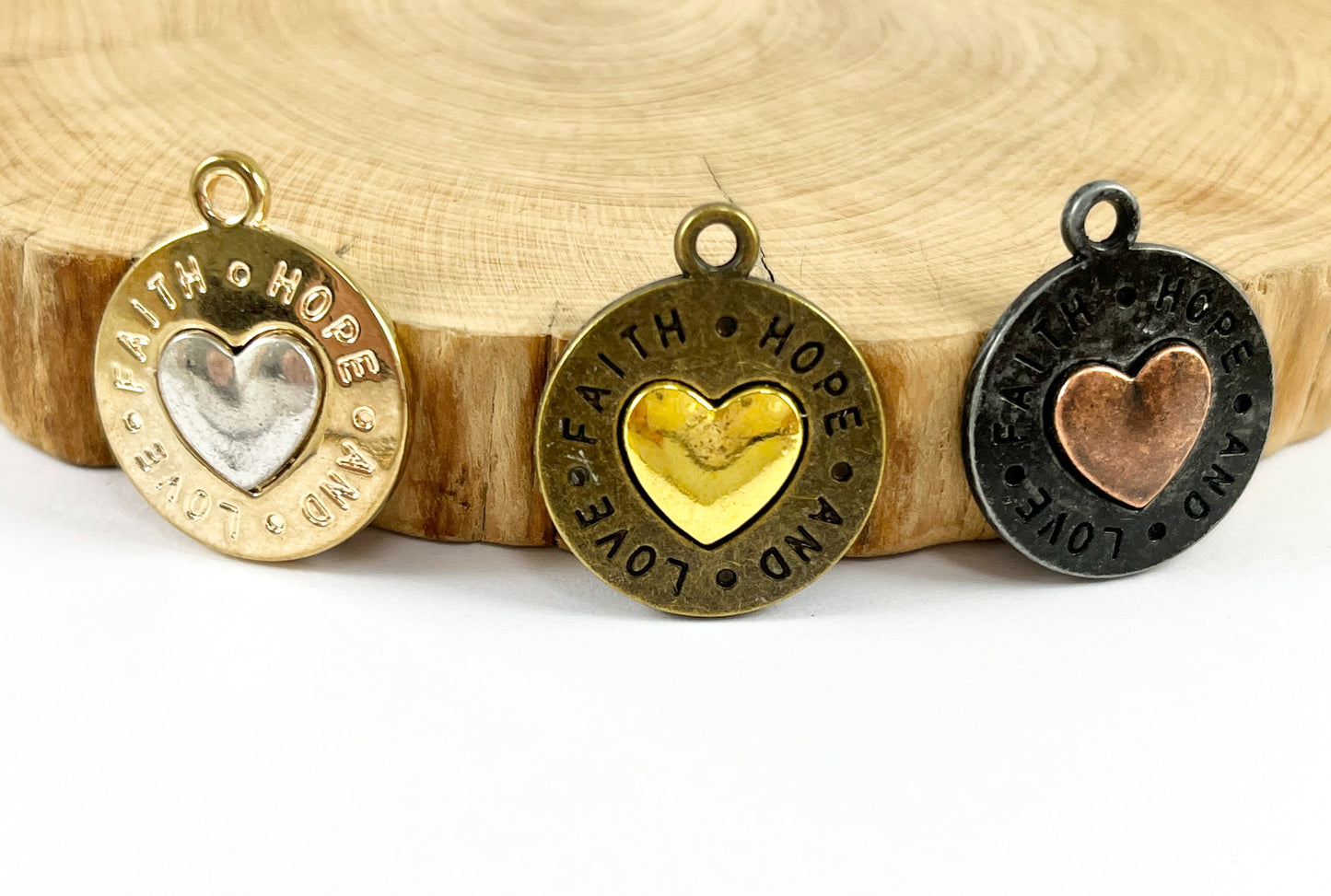 Pewter 2 Colored Heart Pendants Valentine's Day Coin Shape "Hope Faith and Love" Heart Charms in Gold, Bronze and Gunmetal Color