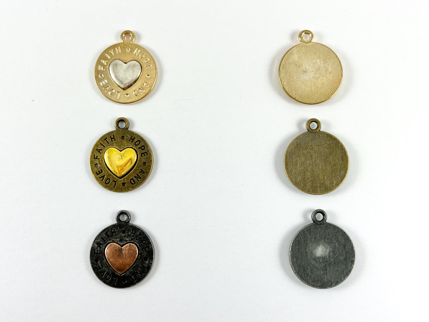 Pewter 2 Colored Heart Pendants Valentine's Day Coin Shape "Hope Faith and Love" Heart Charms in Gold, Bronze and Gunmetal Color