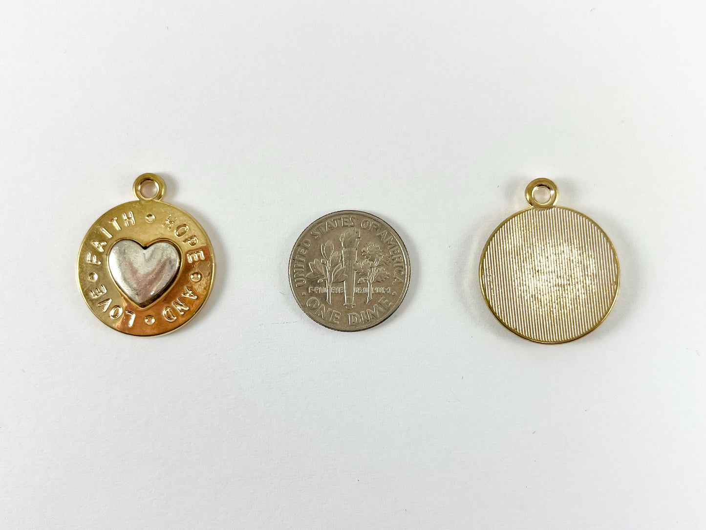 Pewter 2 Colored Heart Pendants Valentine's Day Coin Shape "Hope Faith and Love" Heart Charms in Gold, Bronze and Gunmetal Color