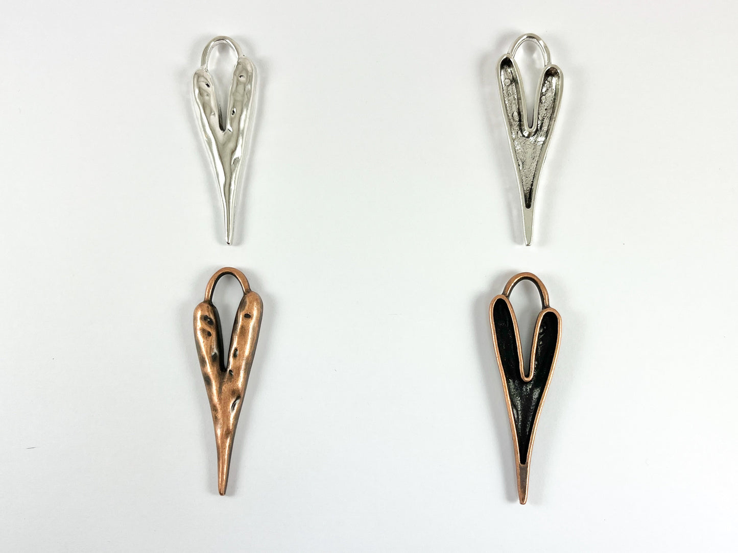 Pewter Long Heart Pendants Valentine's Day Big Heart Charms in Gold, Rosy Gold, Silver, Copper, Brass, Gunmetal and Patina