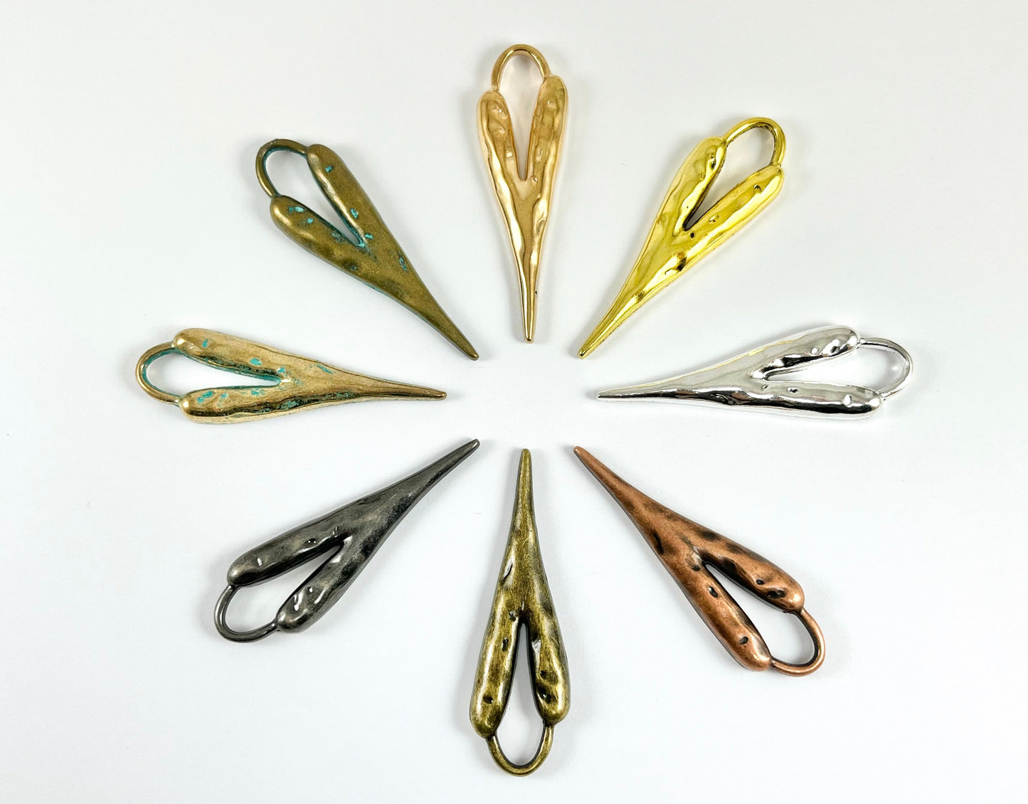 Pewter Long Heart Pendants Valentine's Day Big Heart Charms in Gold, Rosy Gold, Silver, Copper, Brass, Gunmetal and Patina