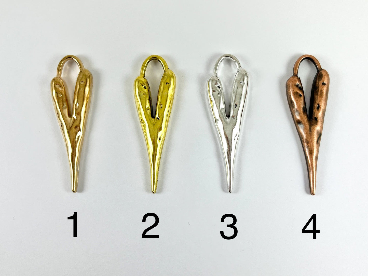 Pewter Long Heart Pendants Valentine's Day Big Heart Charms in Gold, Rosy Gold, Silver, Copper, Brass, Gunmetal and Patina