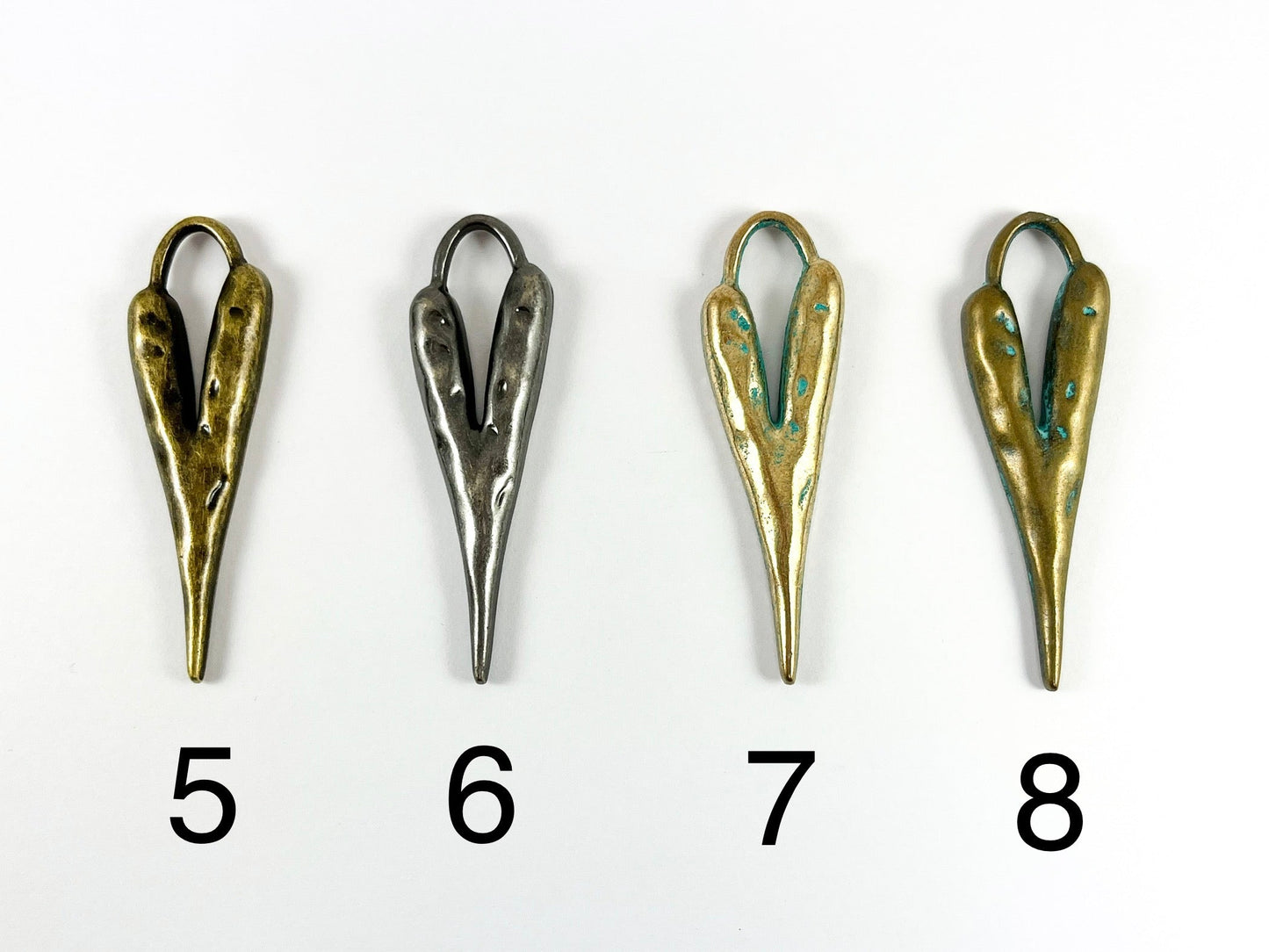 Pewter Long Heart Pendants Valentine's Day Big Heart Charms in Gold, Rosy Gold, Silver, Copper, Brass, Gunmetal and Patina