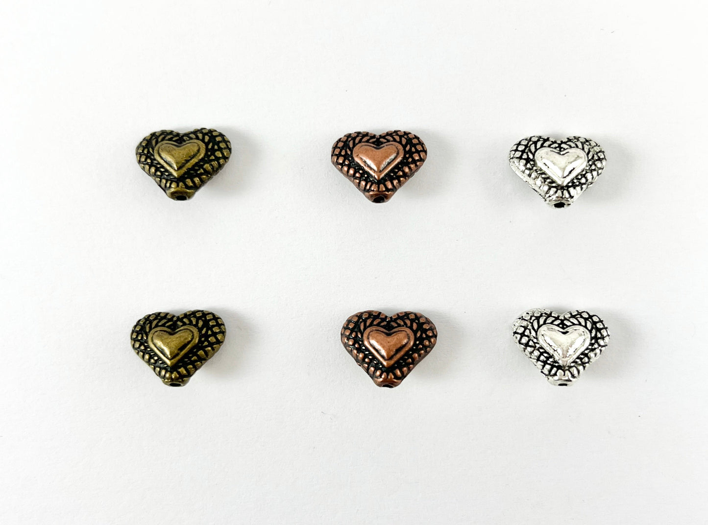 Pewter Heart Space Beads Double Sided Puffy Valentine's Day Heart Spacer Beads in Silver, Copper and Bronze Color