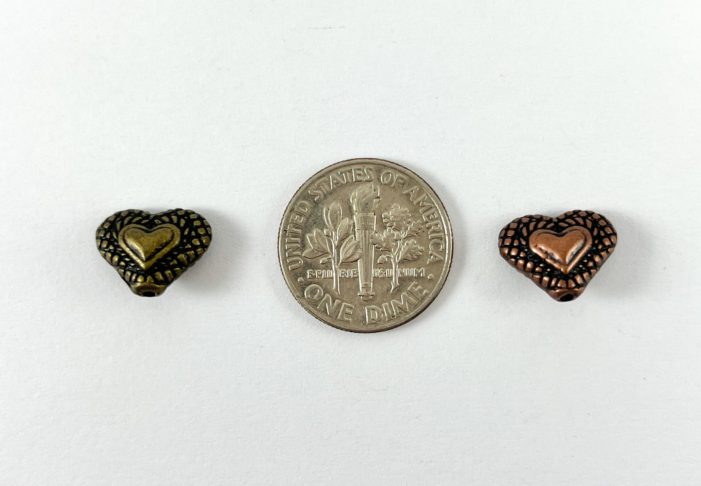 Pewter Heart Space Beads Double Sided Puffy Valentine's Day Heart Spacer Beads in Silver, Copper and Bronze Color