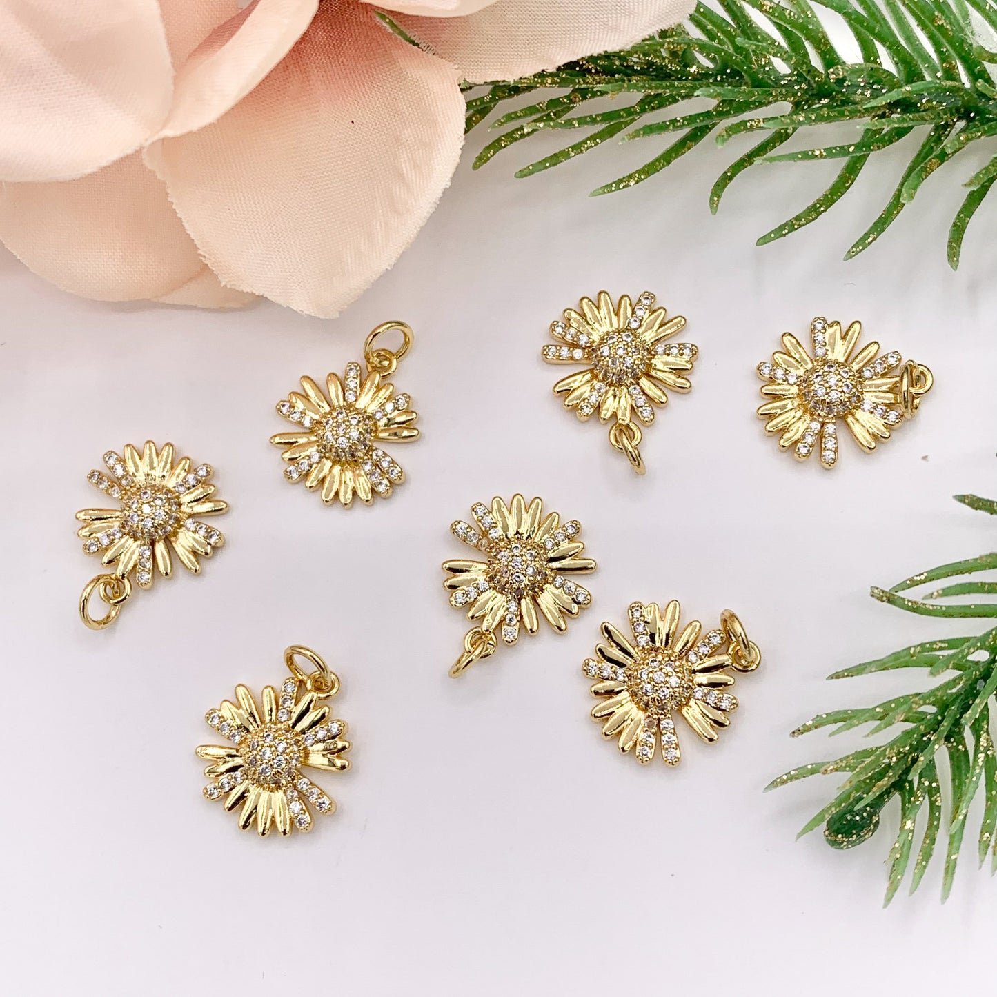 Real Gold 18K Plated Micro CZ Clear Daisy Flower Pave Charm Over Brass 10 PCS
