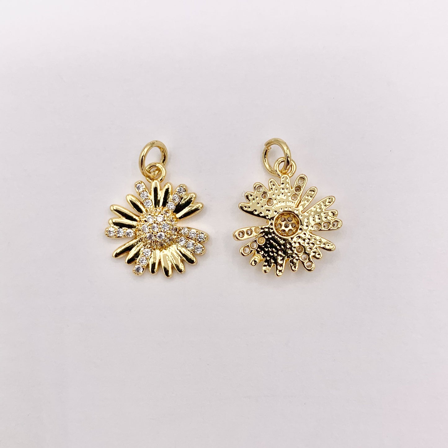 Real Gold 18K Plated Micro CZ Clear Daisy Flower Pave Charm Over Brass 10 PCS