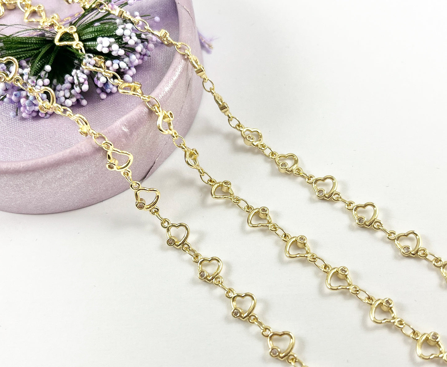 Minimalist Heart Chain 18K Gold Plated Brass CZ Pave Dainty Heart Chain for Valentine's Day Necklace and Bracelet Making