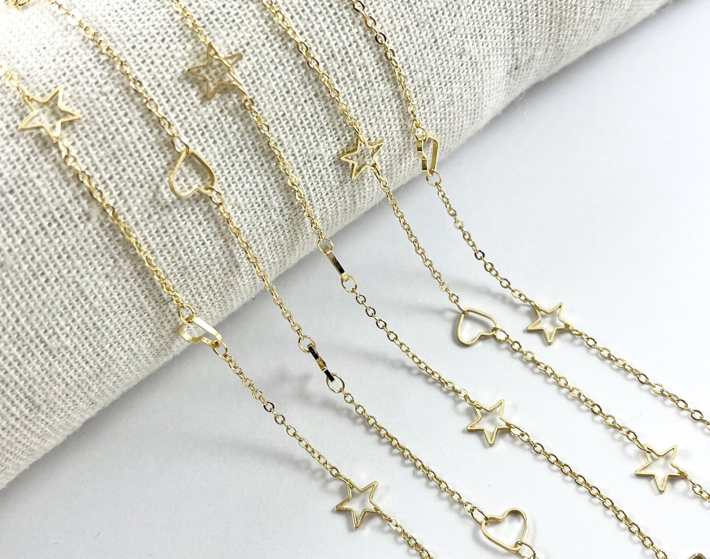 Minimalist Heart & Star Chain | 18K Gold Plated Brass Dainty Hollow Chain for Necklace and Bracelet Making Valentine's Day
