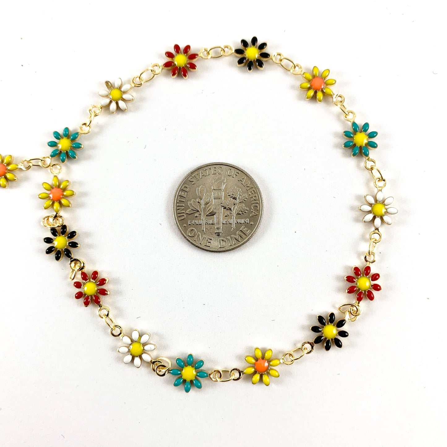 18K Gold Plated Enamel Plated Copper Daisy Flower Chain- 1 spool