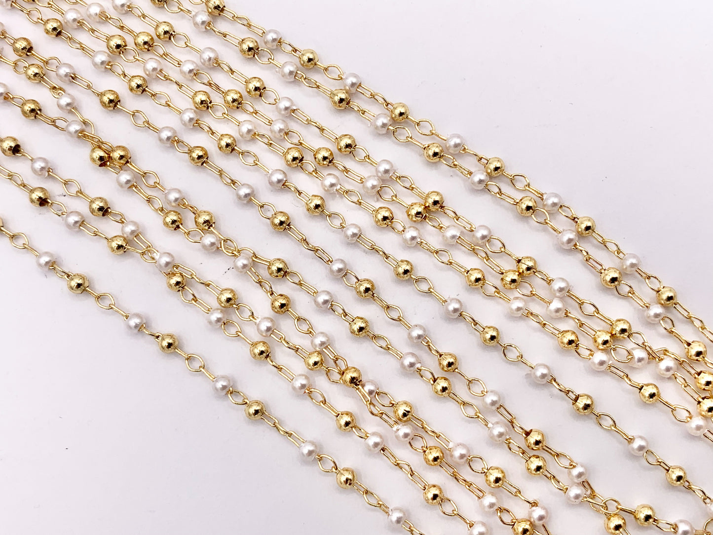 Tiny Dainty White Imitation Pearl With Gold Beads Chain in Real Gold 18K Plated Copper By Spool For Jewelry Making/Designs