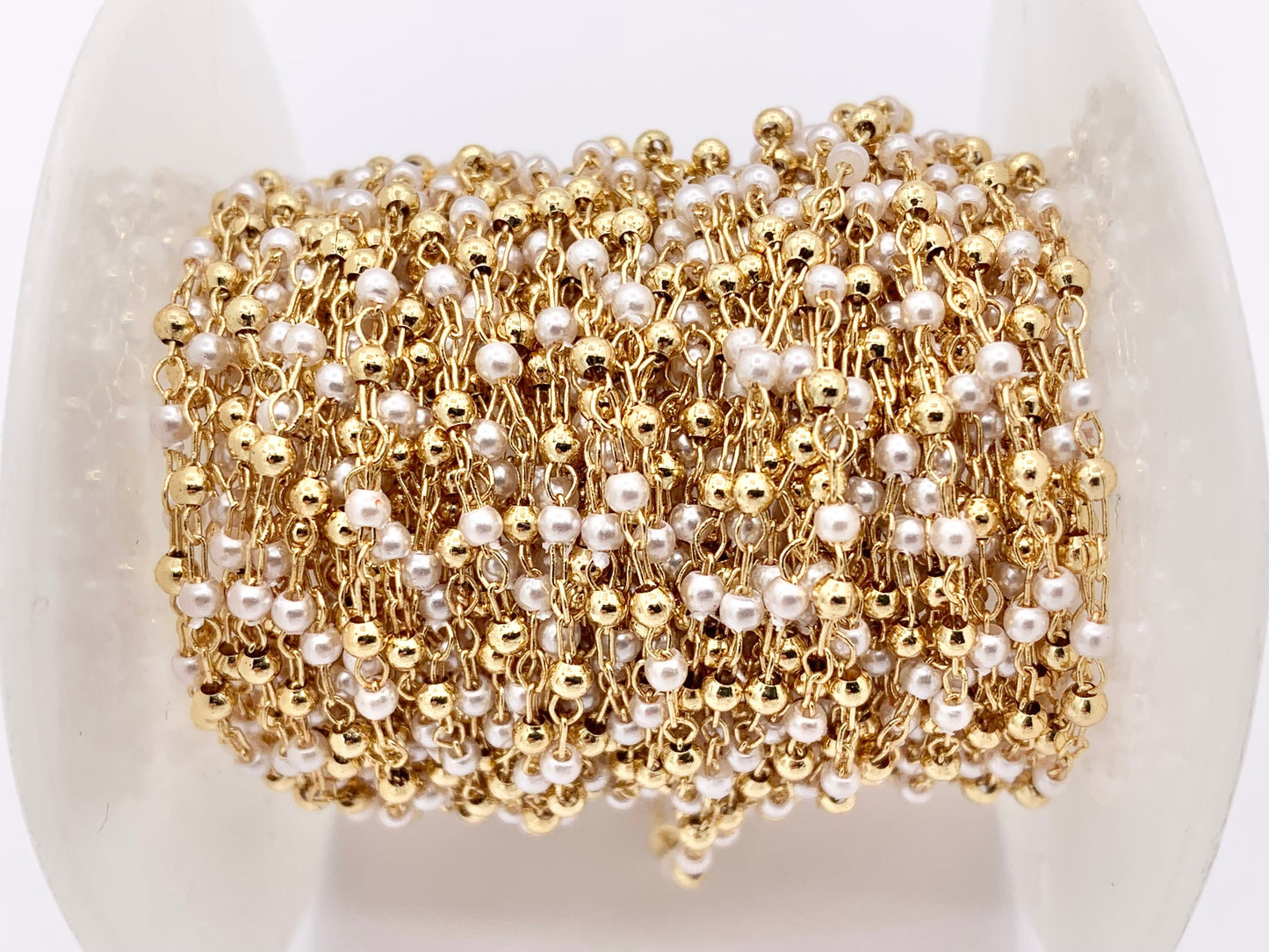 Tiny Dainty White Imitation Pearl With Gold Beads Chain in Real Gold 18K Plated Copper By Spool For Jewelry Making/Designs