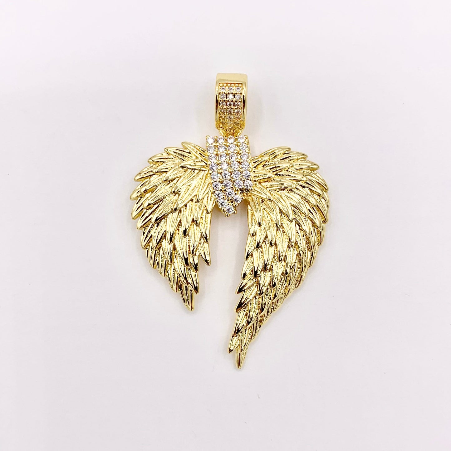 Large Angel's Wing Pendant Religious Charms CZ Pave in 18K Gold plated over Copper 3 PCS