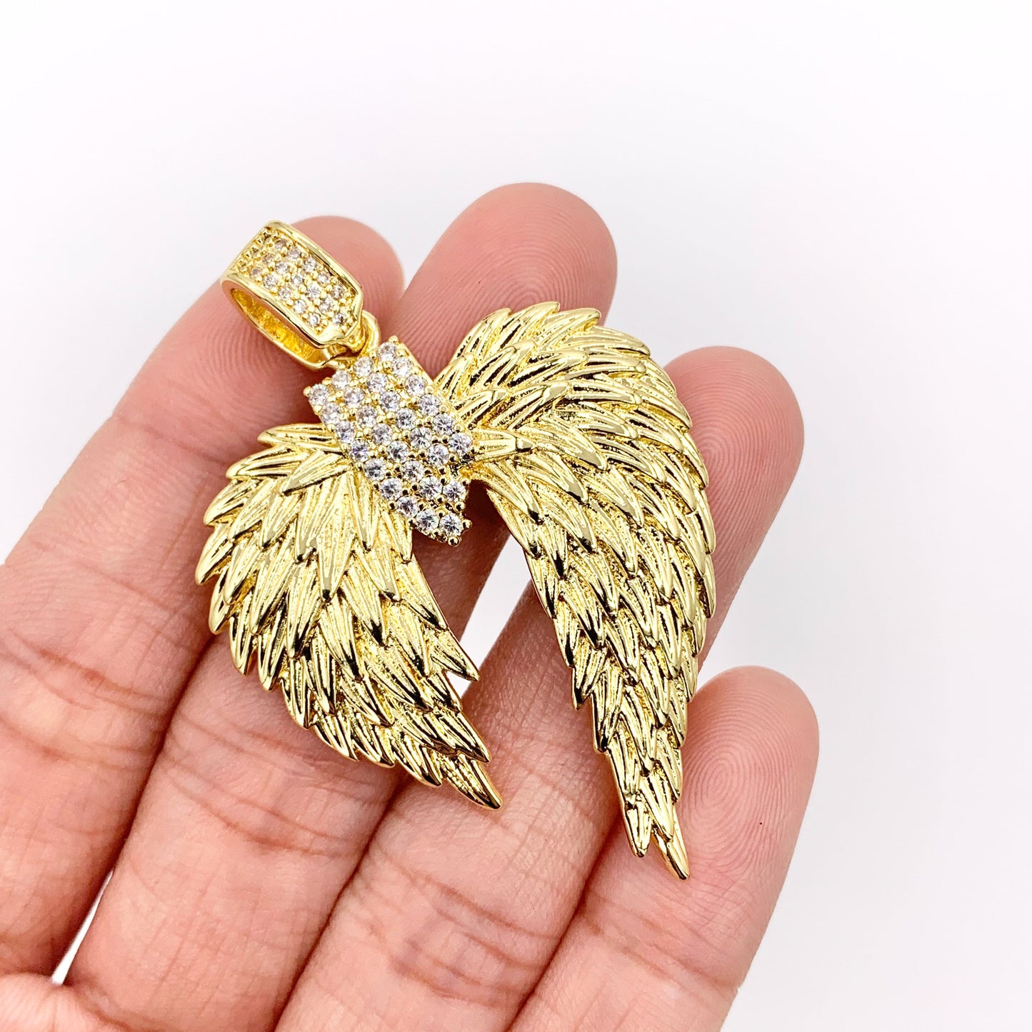 Large Angel's Wing Pendant Religious Charms CZ Pave in 18K Gold plated over Copper 3 PCS