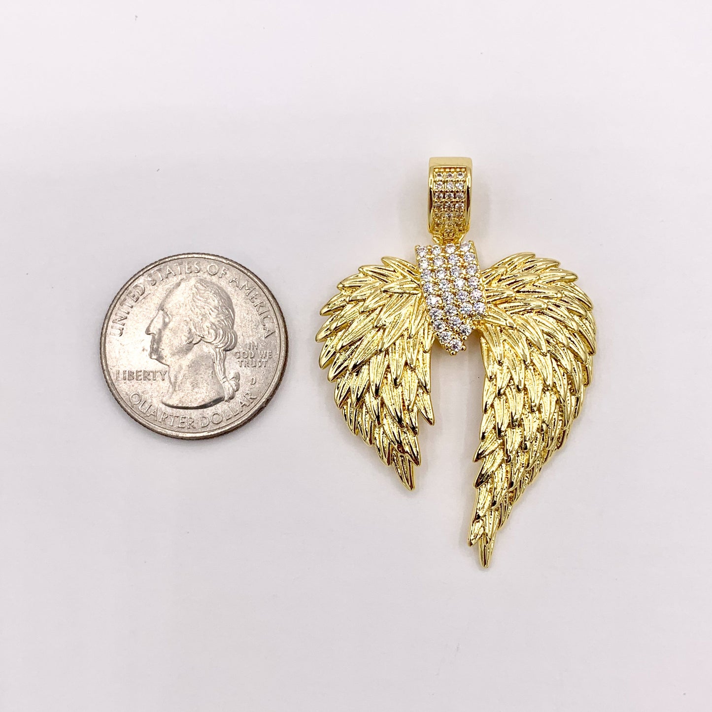 Large Angel's Wing Pendant Religious Charms CZ Pave in 18K Gold plated over Copper 3 PCS