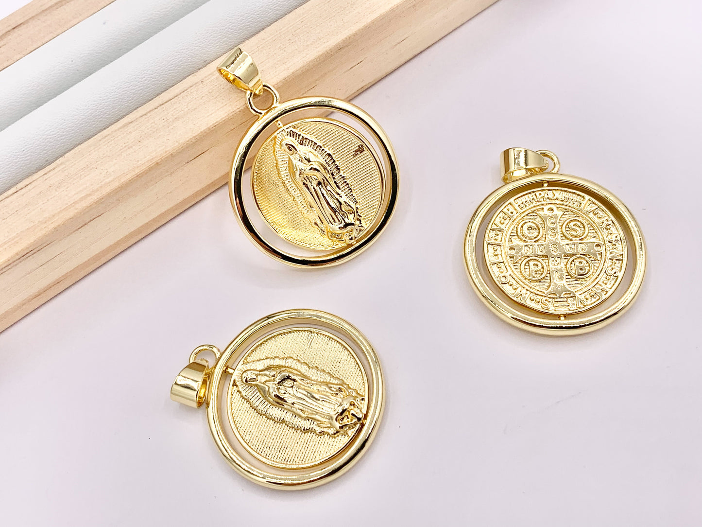 Gold St. Benedict Patron Saint Rotating Spinner Pendant Religious Catholic Jewelry Pendants in 18k Gold Plating 5 PCS