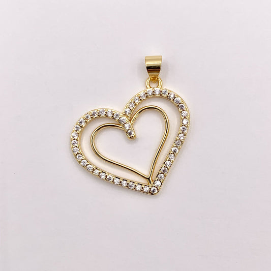 Hollow Rhinestone Heart Charm Center Cut Out Pendants in CZ Pave 18K Gold Plated Copper 6 PCS