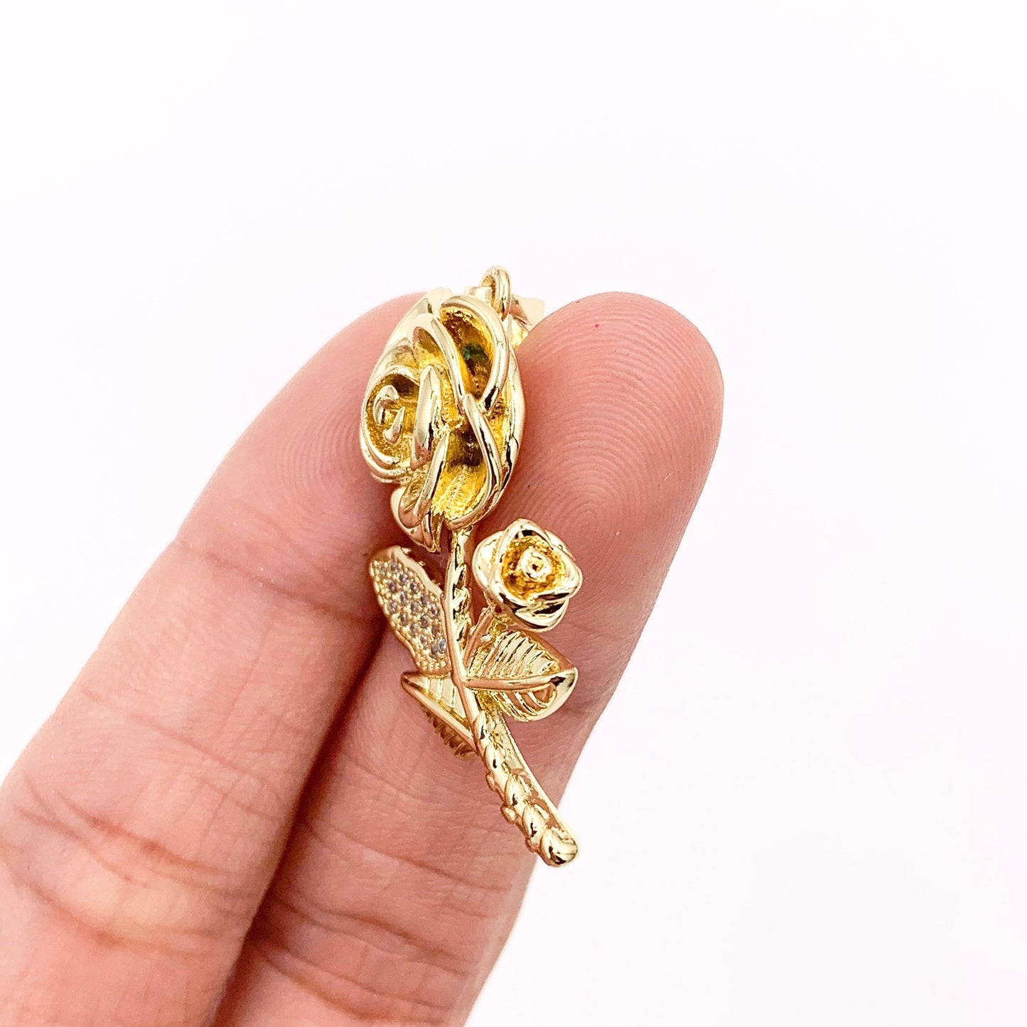 1.5" Rose Pendant Real Gold 18K Plated Micro CZ Flower Pave Charm Over Brass 5 PCS