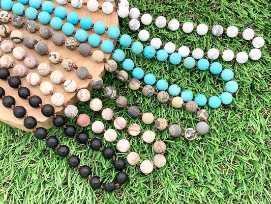 60" Handmade Matte Gemstone Knotted Necklace - Black Onyx, Laguna Lace Agate, Artistic Jasper, Magnesite & White Howlite Beaded Necklace