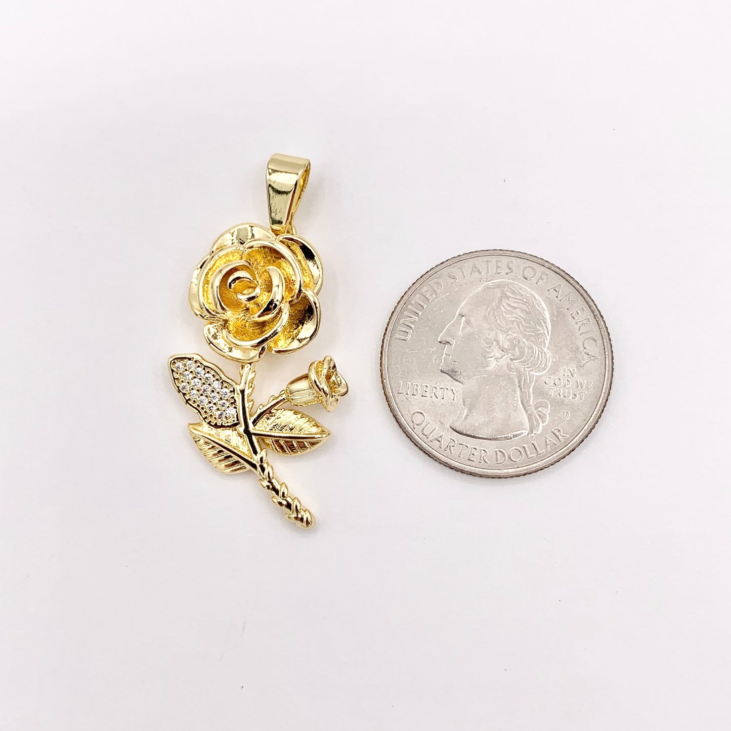 1.5" Rose Pendant Real Gold 18K Plated Micro CZ Flower Pave Charm Over Brass 5 PCS