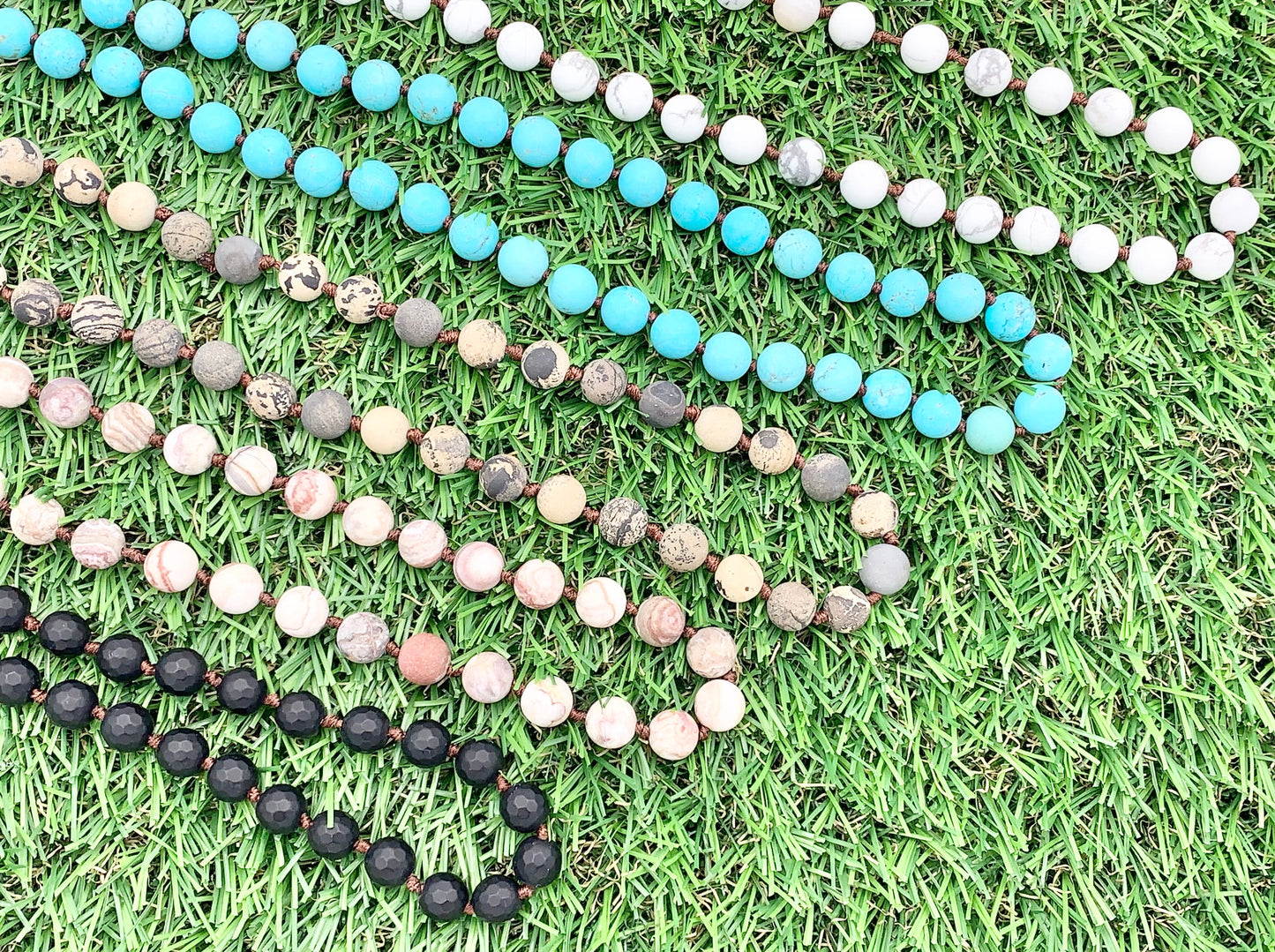 60" Handmade Matte Gemstone Knotted Necklace - Black Onyx, Laguna Lace Agate, Artistic Jasper, Magnesite & White Howlite Beaded Necklace