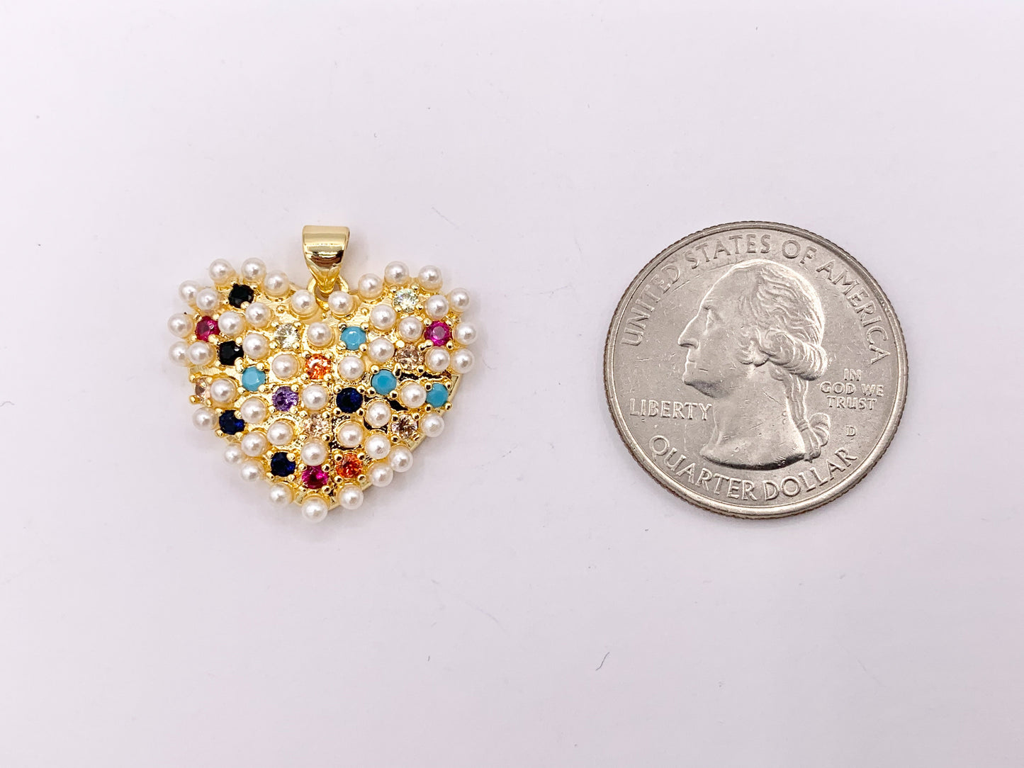 Clear and Multi CZ Pave Pearl Encrusted Puffy Hearts Pendant Charms in Real 18K Gold Plated Copper 5 PCS
