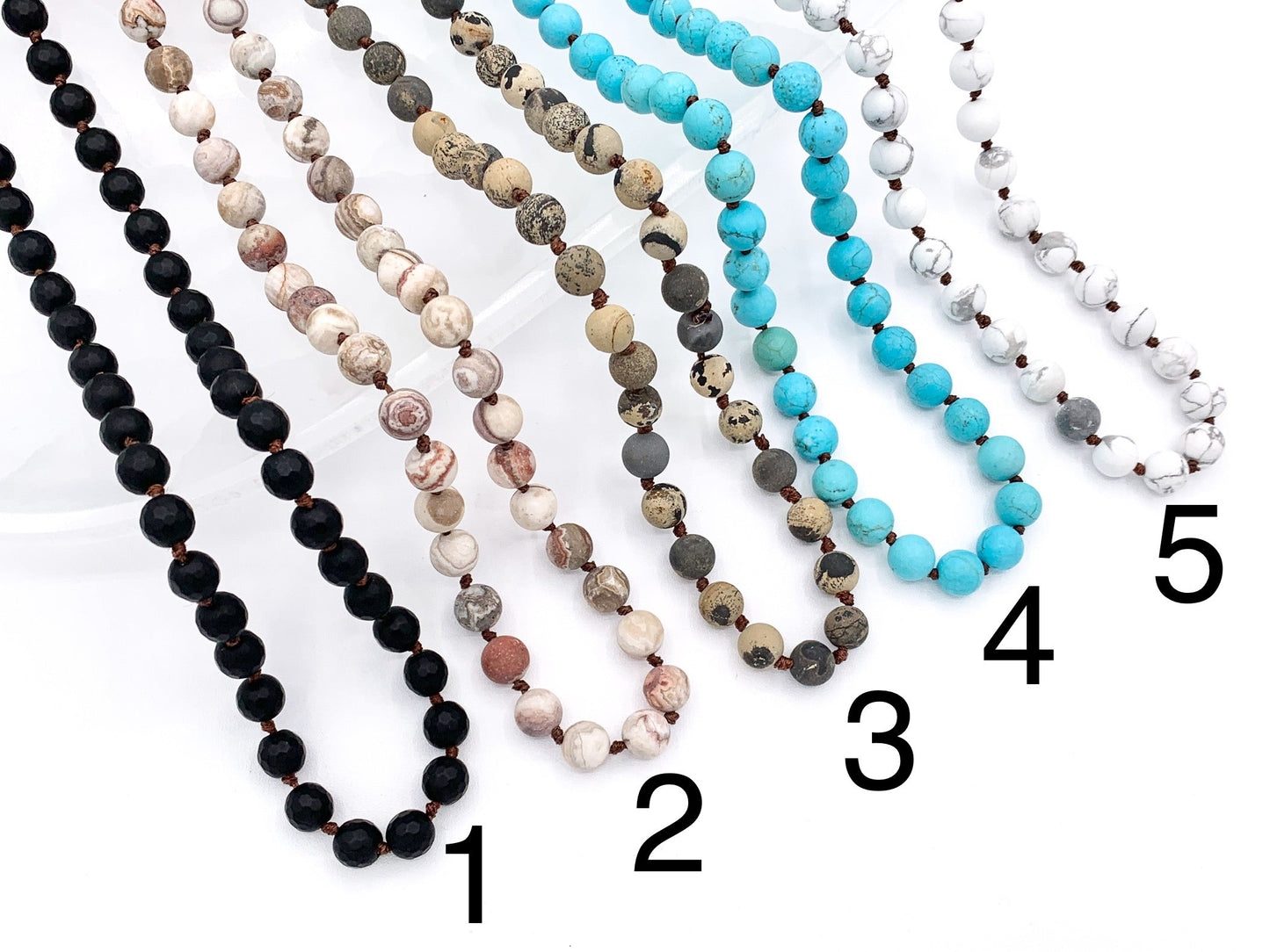 60" Handmade Matte Gemstone Knotted Necklace - Black Onyx, Laguna Lace Agate, Artistic Jasper, Magnesite & White Howlite Beaded Necklace