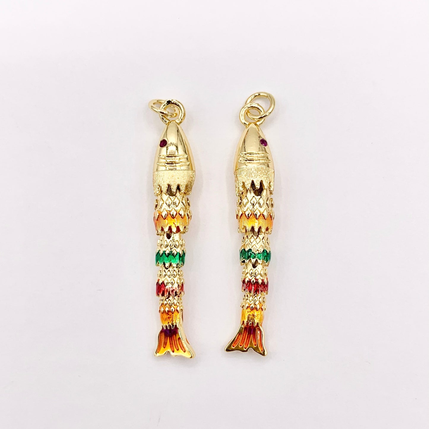 1.5" Long Dangle Colorful Fish Charms in 18K Gold Plated Copper with Enamel Color Plating 5 PCS