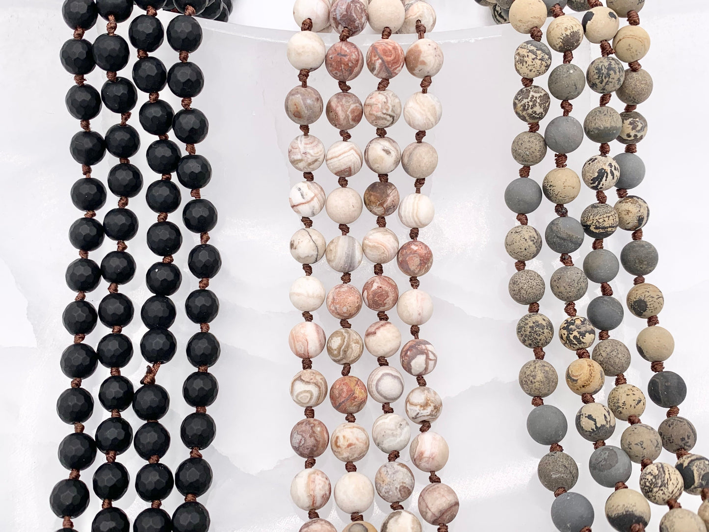 60" Handmade Matte Gemstone Knotted Necklace - Black Onyx, Laguna Lace Agate, Artistic Jasper, Magnesite & White Howlite Beaded Necklace