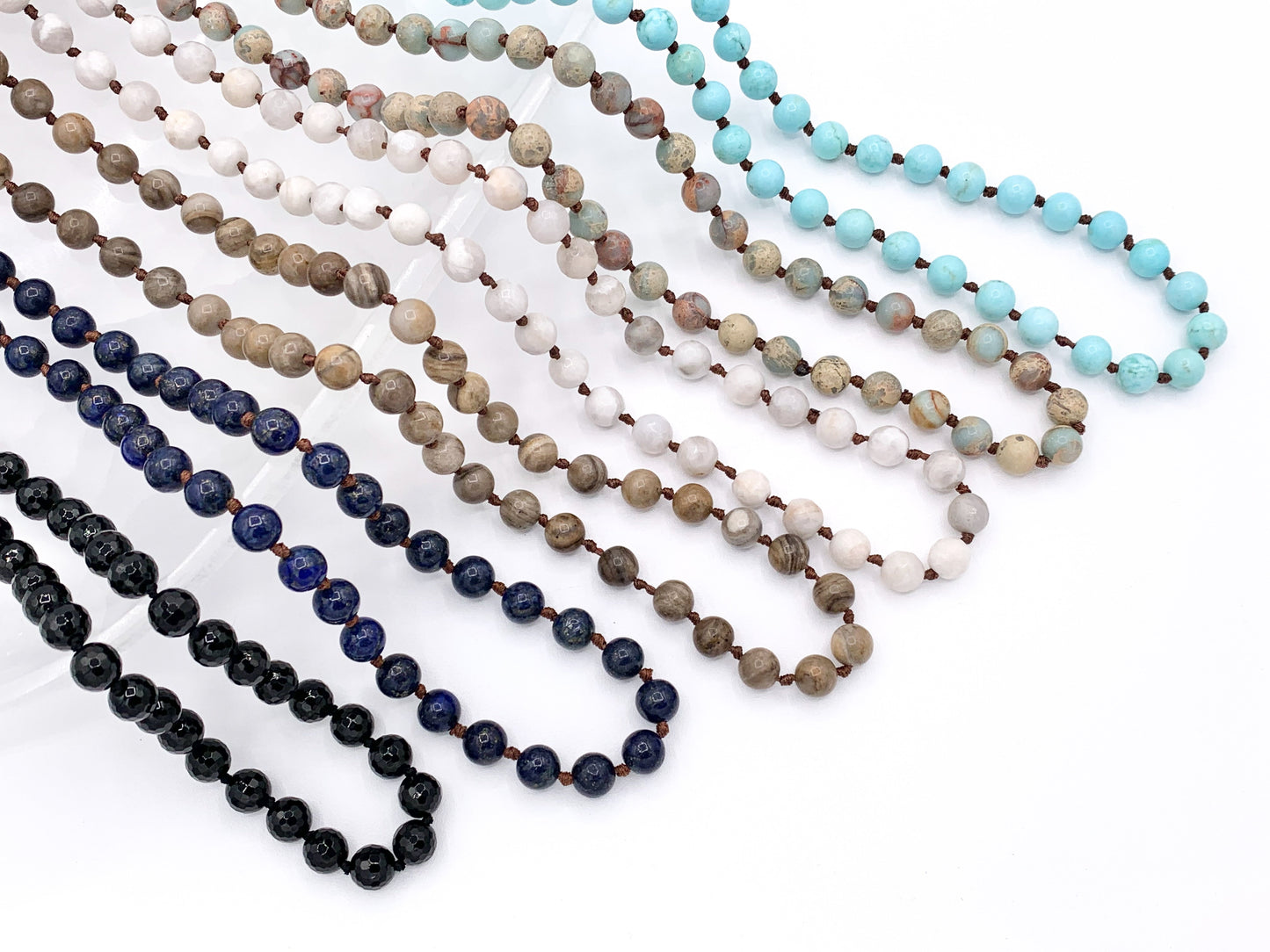 60" Handmade Gemstone Knotted Necklace - Black Onyx, Lapis, Silver Leaf Jasper, White Lace Agate, Aqua Terra & Magnesite Beaded Necklace