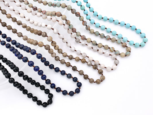 60" Handmade Gemstone Knotted Necklace - Black Onyx, Lapis, Silver Leaf Jasper, White Lace Agate, Aqua Terra & Magnesite Beaded Necklace