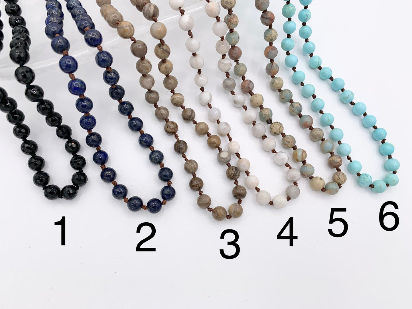 60" Handmade Gemstone Knotted Necklace - Black Onyx, Lapis, Silver Leaf Jasper, White Lace Agate, Aqua Terra & Magnesite Beaded Necklace