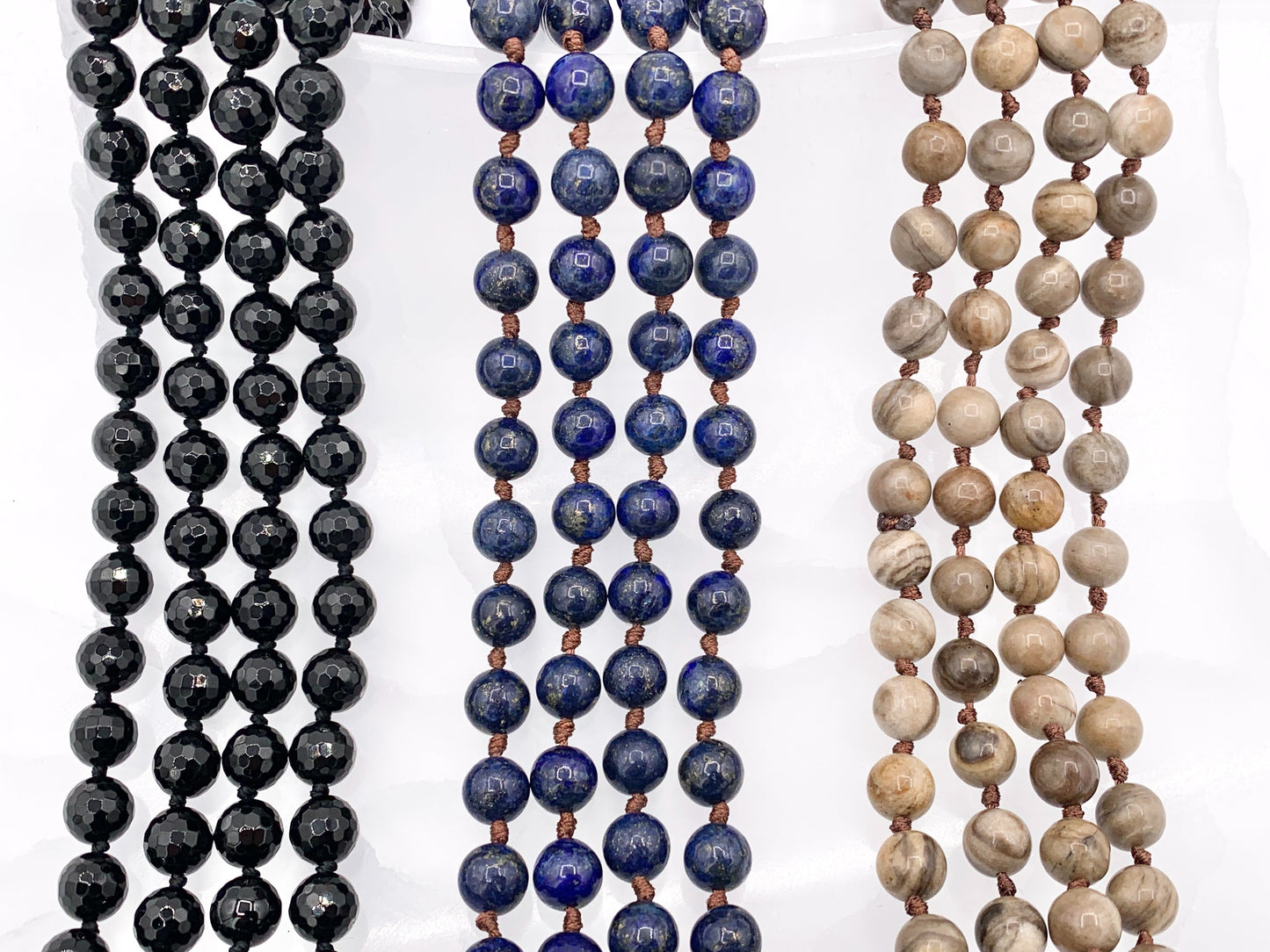 60" Handmade Gemstone Knotted Necklace - Black Onyx, Lapis, Silver Leaf Jasper, White Lace Agate, Aqua Terra & Magnesite Beaded Necklace