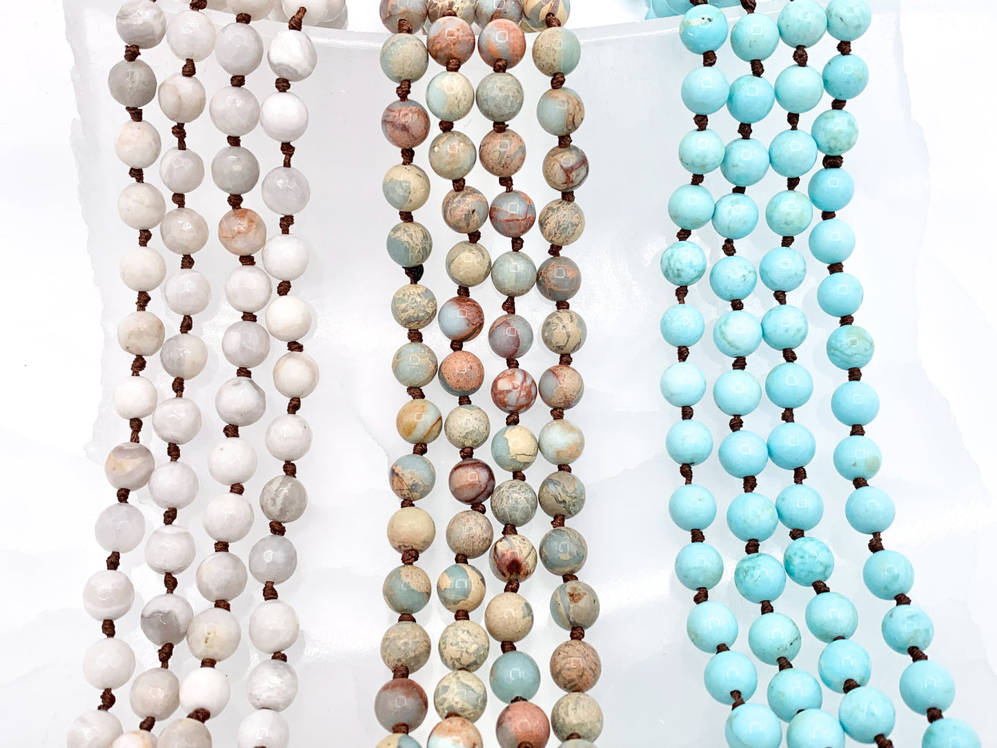 60" Handmade Gemstone Knotted Necklace - Black Onyx, Lapis, Silver Leaf Jasper, White Lace Agate, Aqua Terra & Magnesite Beaded Necklace